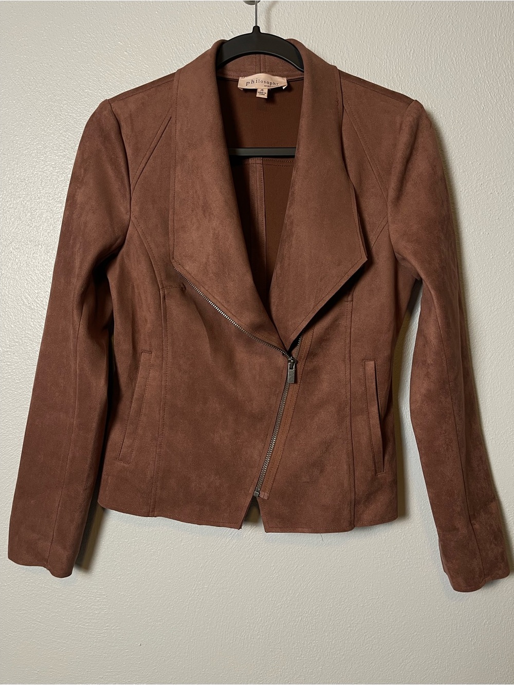 Philosophy- Faux Leather Asymmetric Zip Moto Jacket in Brown Size Small